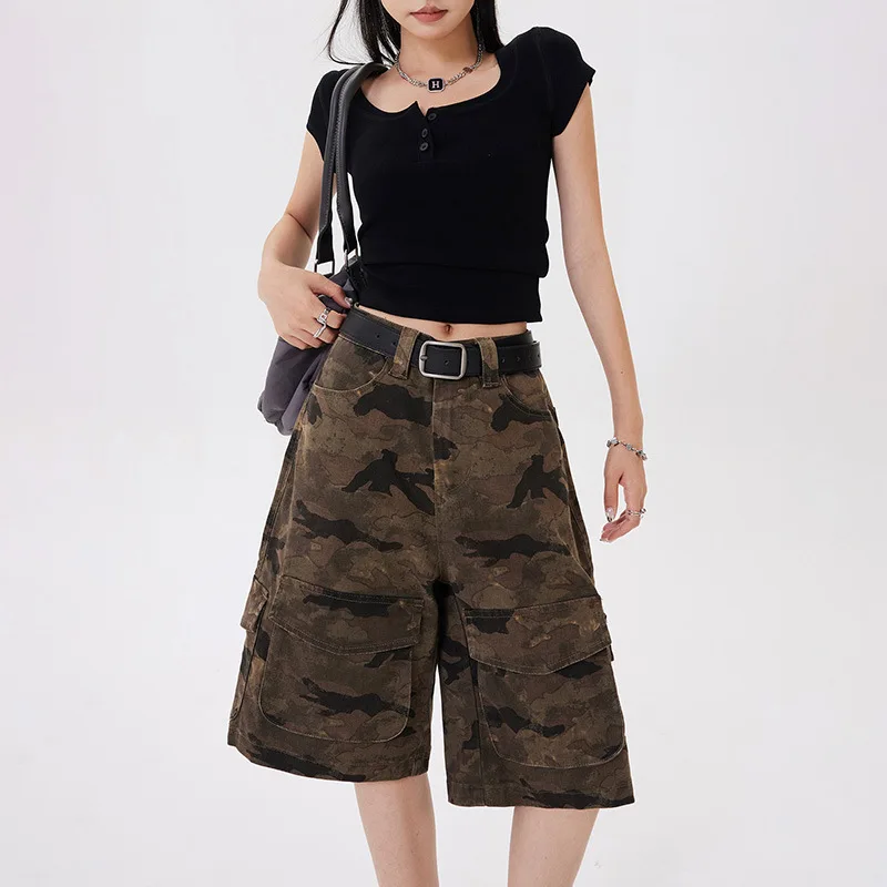 

Retro Retro High-waisted Camouflage Wide-leg Shorts.Women's Summer Fashionable and Versatile,Multi-pocket Mid-length Cargo Jeans