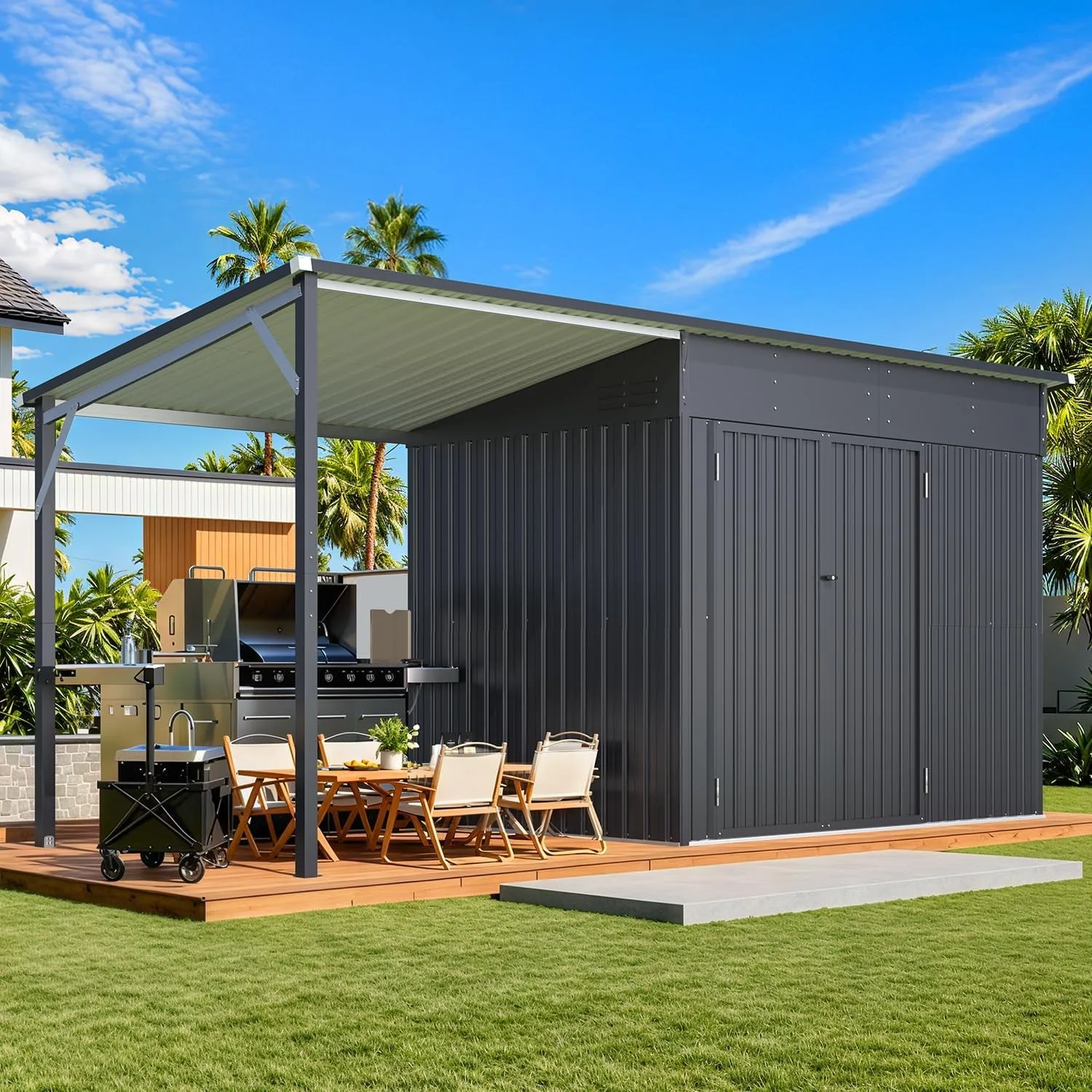 Outdoor Open-Sided Metal Storage Shed with Attached Hardtop Metal Gazebo