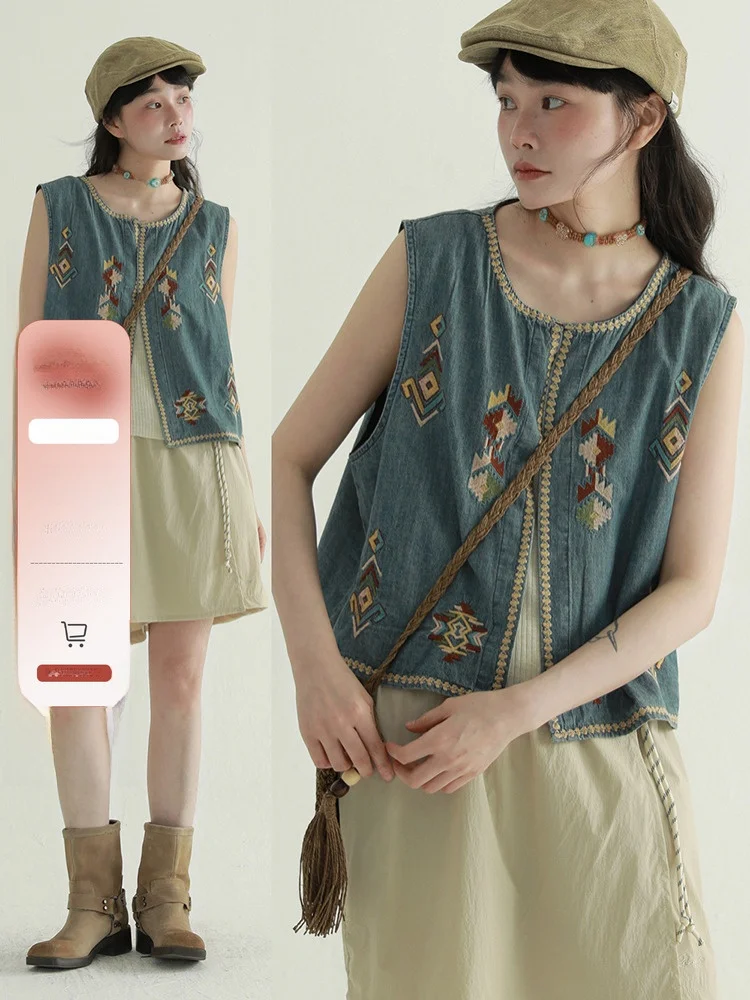 

Редкий джинсовый жилет с этнической вышивкой, женский дизайн, свободный топ Personali из хлопка, 00% круглый Ne на одной пуговице