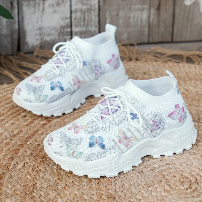Women Butterfly Print Mesh Sneakers White EVA Platform Shoes Breathable Knit Lace Up Daily Walking Casual Trainers view 3