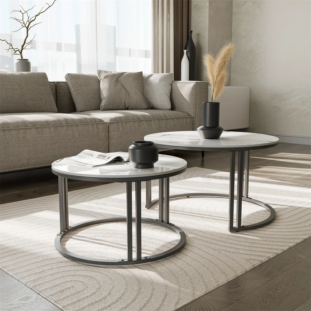 Anti-rust Outdoor Stacking Center Coffee Table Set of 2 Round Living Room Nesting Table Small Space Friendly