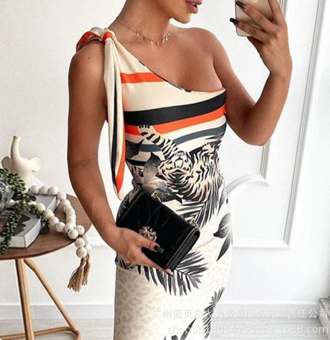 Sexy Elegant Long Skirt for Women 2024 Summer New Fashion Sleeveless Multicolored Print Party Vacation Split Dress Female Outfit