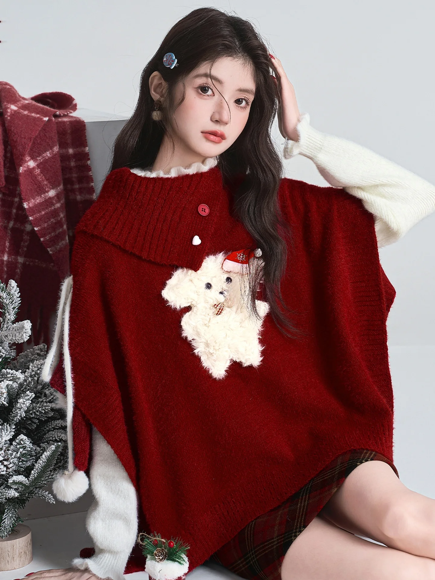 

Cisas Red Asymmetrical Women's Knitwear Winter New Sle Soft Layered Wear Loose Sweater Top Ciwalk High Collar Long Sl...