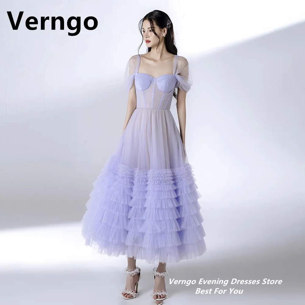 

Verngo Purple Tulle Party Gowns A Line Ankle Length Evening Dress Girl Tiered Prom Dress Short Sleeves Formal Dresses