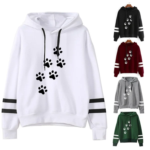 Autumn/winter Women's Fashion Hoodie Casual Loose Sweater Long Sleeve Printed Cat Paw Hoodie for Teenagers