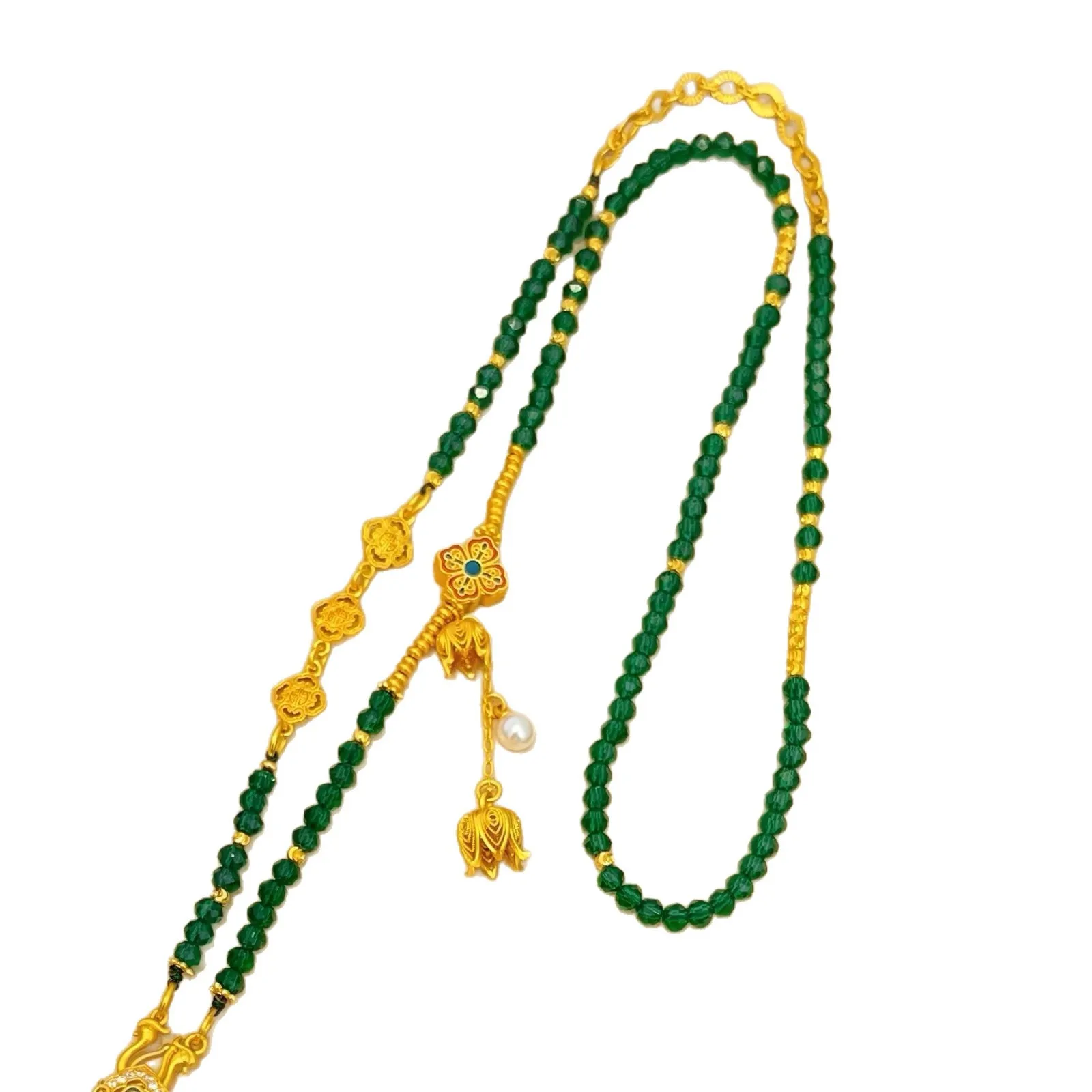 New Chinese Style Sand Gold Filigree Ruyi Rotatable Eight Treasure Compass Hollow Lily of the Valley Spinel Sweater Chain