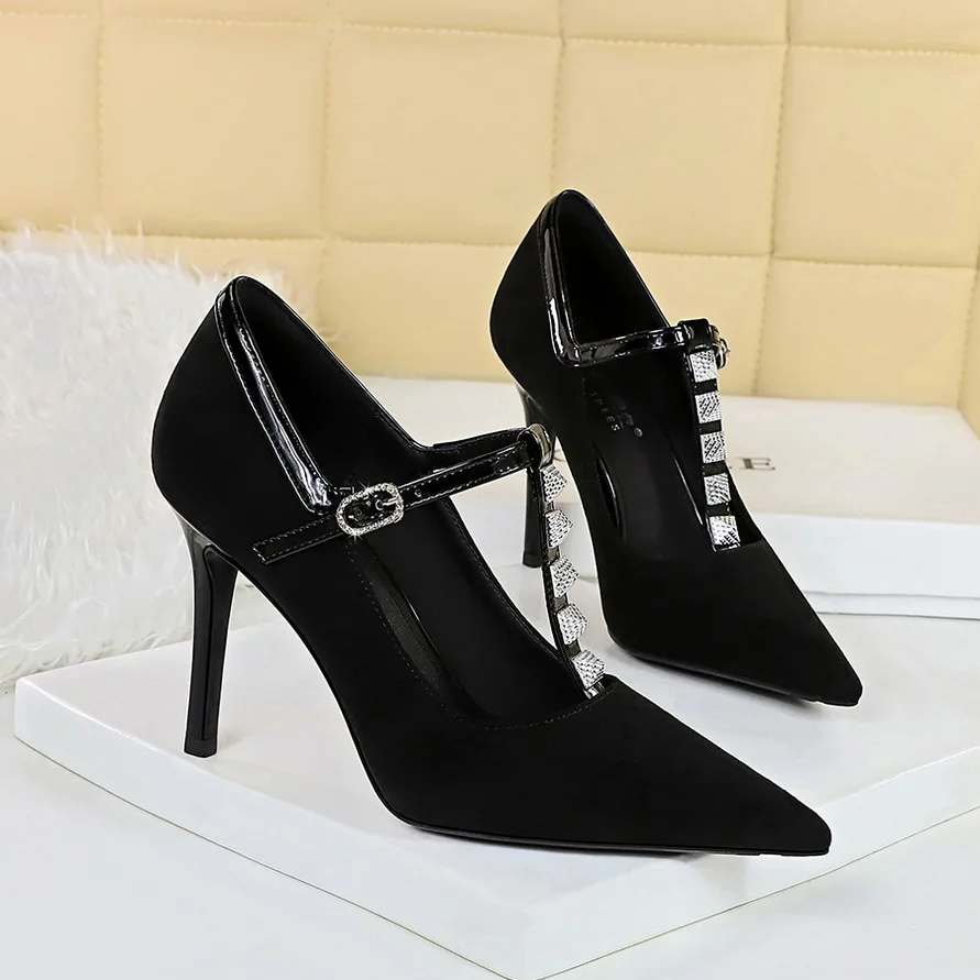 

BIGTREE Rivet T-Strap High Heels Prom Dress Women's Pumps Fashion Chic Lady High Heeled Shoes Stiletto 9.5cm Black BURGUNDY