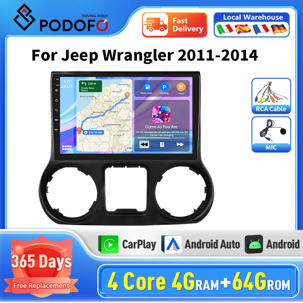 Podofo Car Radio for Jeep Wrangler(left-hand drive) GPS Navigation Car Unit with Touch Screen Carplay Multimedia Video Player