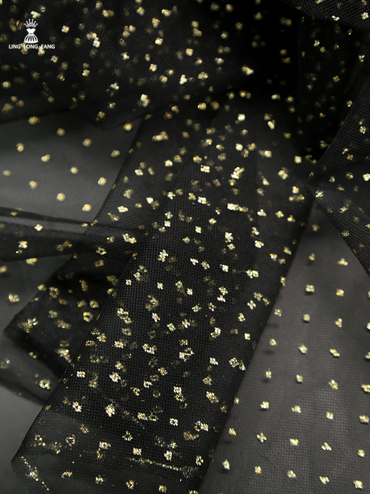 Black Hot Gold Dot Mesh Fabric Transparent Lace Gold Sprinkling Dress Sewing Accessories Handmade DIY Clothing Designer Fabric