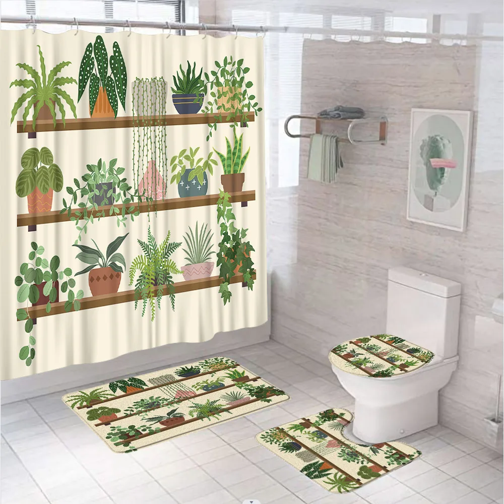 Watercolor Cactus Bathroom Sets Green Potted Plant Shower Curtain Non-Slip Rug Colorful Bohemian Toilet Lid Cover Bath Mat Home