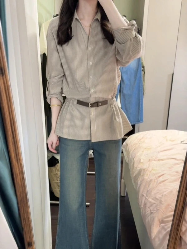 

Women's Long Sleeve V-Neck Waist-Cinching Striped Shirt French Style Spring Commute Collar Comfortable Breathable Shirt