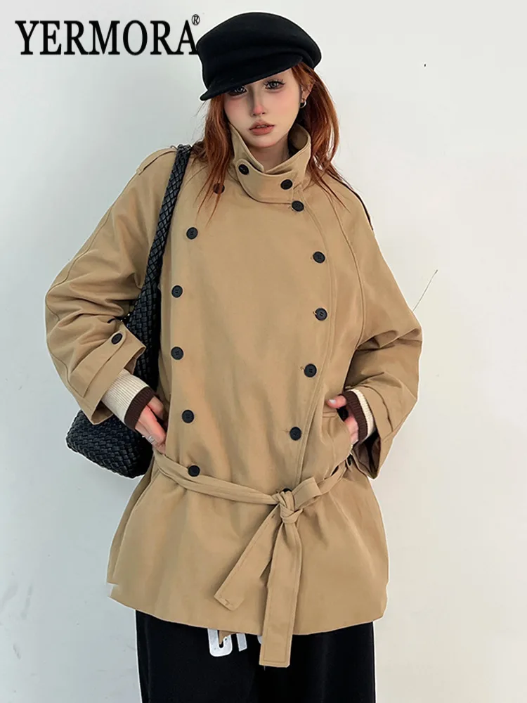 

YERMORA Khaki Double Breasted Belt Short Trench For Women Lapel Long Sleeve Loose New Windbreaker Fashion Autumn Winter 2025