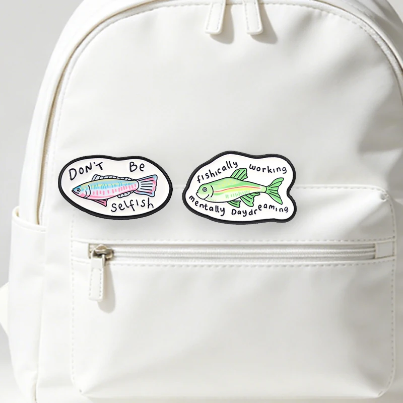 Fishically Working Mentally Daydreaming Zebrafish Badge Don't Be Selfish Fish Enamel Pins Humor Office Pun Brooches Jewelry Gift