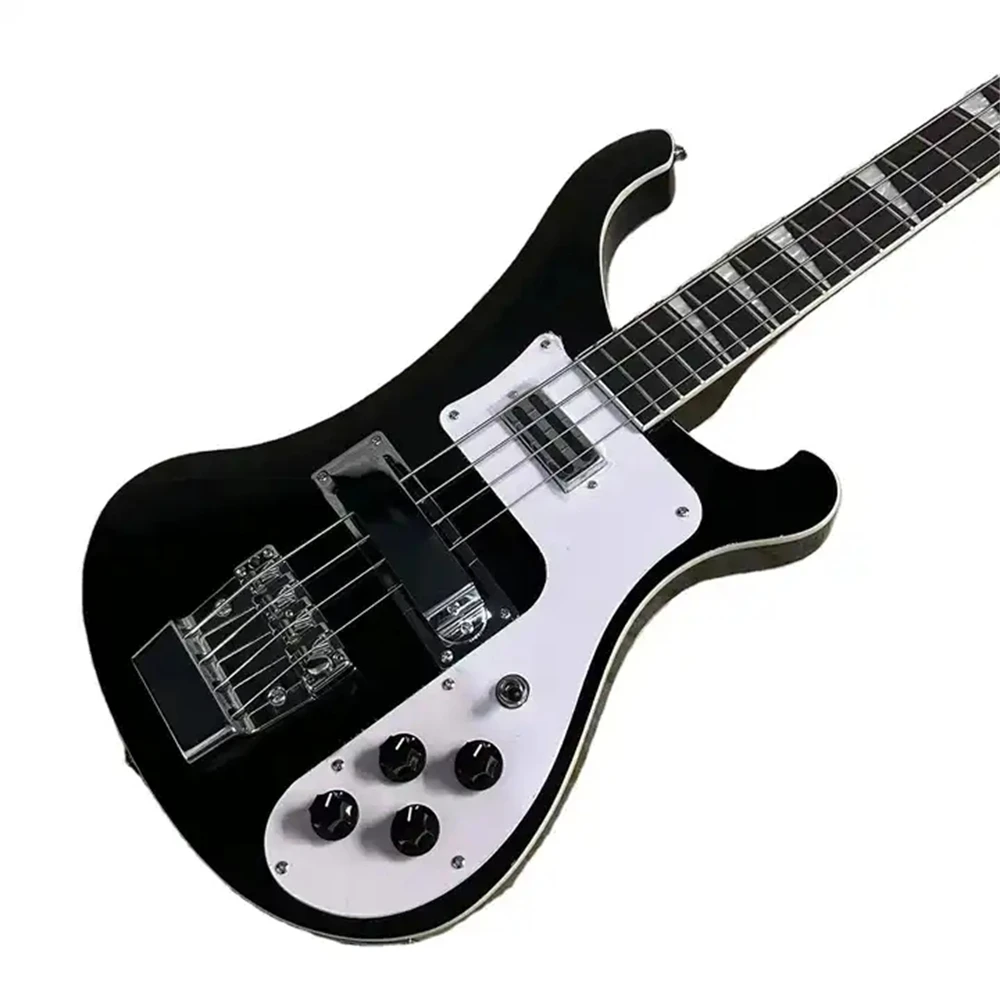 Black 4-string bass guitar, white guard