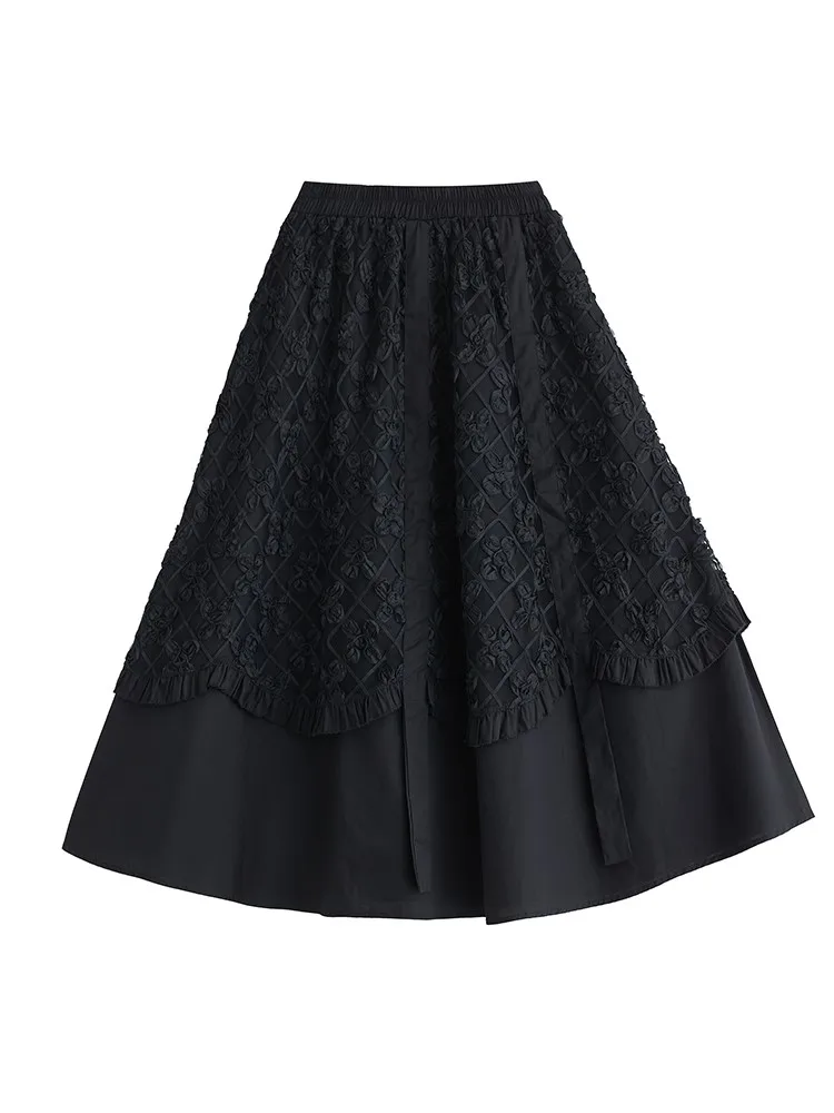 Oversized Spring Midi Skirts Women Embroidery Patchwork Korean Style Loose Ruffle Pleated Ladies Skirts High Waist Woman Skirts