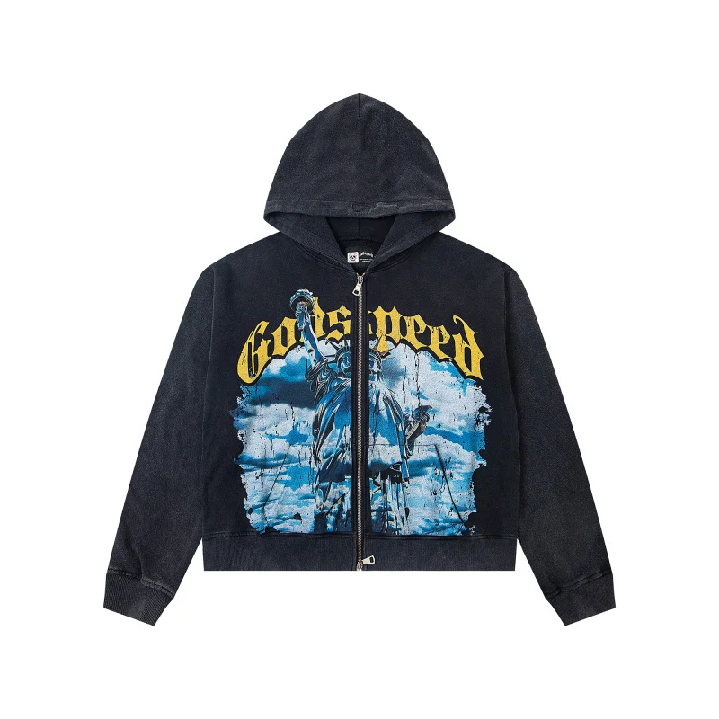 Godspeed الأمريكية شارع العليا خمر Waed الحرية تمثال فضفاض الثقيلة المفتوحة سترة هوديي Jaet عارضة القطن طويل Sve