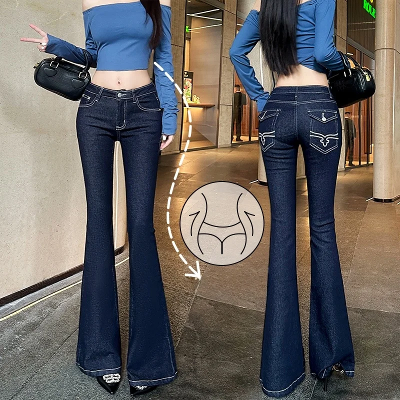 

Сексуальные джинсы-колокольчики с низкой талией и вышивкой, женские расклешенные брюки с фиксированными бедрами, осень 2024, высокоэластичные, удобные, дышащие