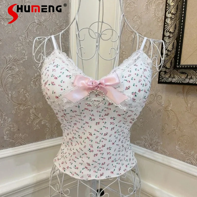 

Японский топ-камизол в стиле Лолита: нежный, свежий, в лесном стиле, с цветочным принтом, V-образным вырезом, бантом, кружевной отделкой, утягивающий, короткий, с чашечками для груди