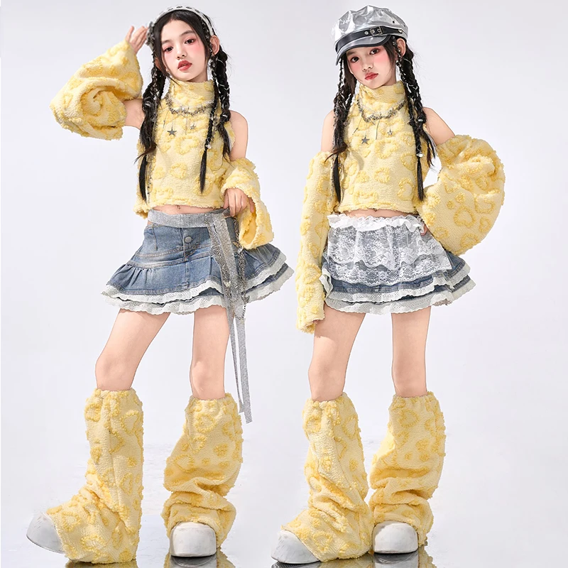 

Желтая одежда для джазовых танцев для девочек, наряд для выступлений Kpop, укороченный топ, джинсовая юбка, модель, модный сценический костюм, уличная одежда 2679