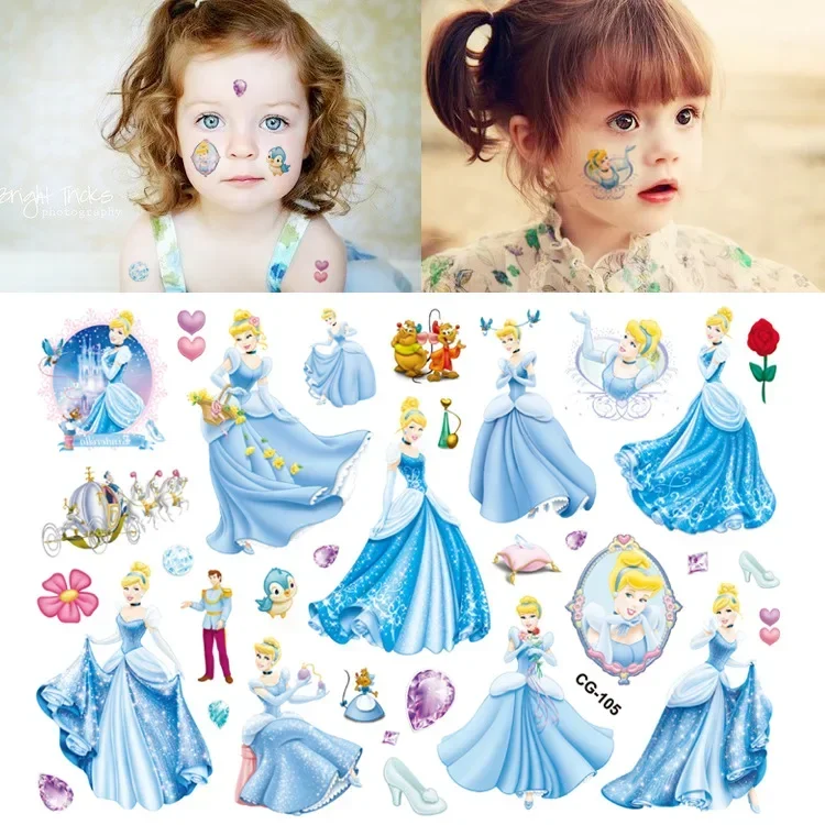 Pegatinas de tatuaje de Cenicienta Blancanieves, tatuajes temporales para niños, suministros de fiesta de cumpleaños, favores, pegatinas de tatuajes bonitas, decoración