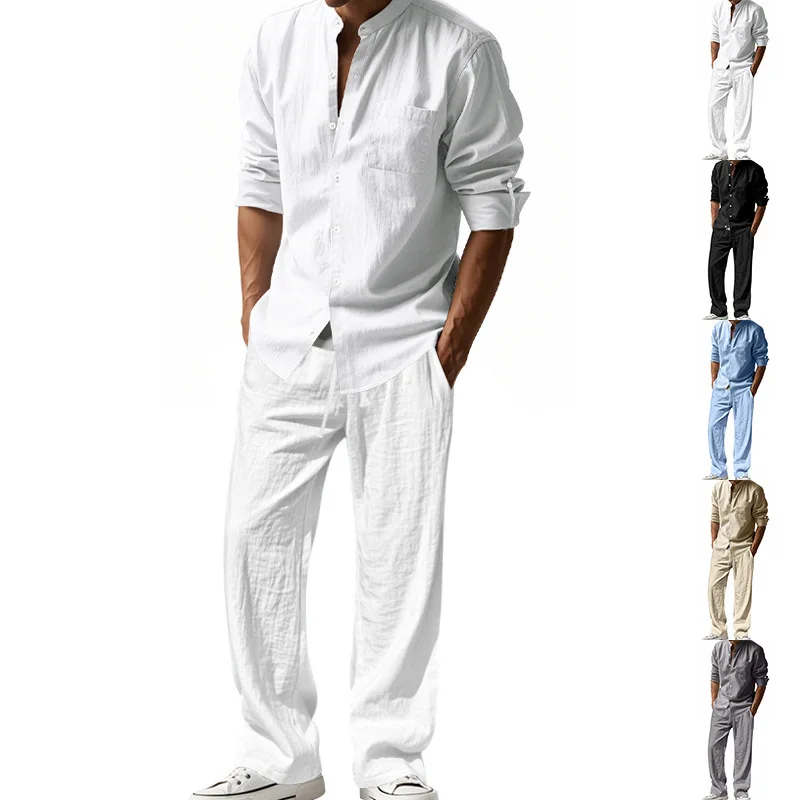 

2025 Summer 2 Piece Set Flax Breathable Men's Long Sleeve Shirts Sets Loose Casual Stand Up Collar Shirt+Home Pants Men Clothing