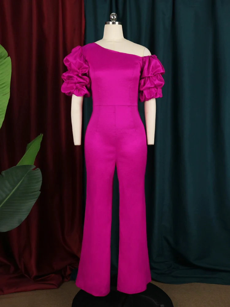 Elegant Women Jumpsuits Stunning Shiny Puff Sleeve Wide Leg One Piece Outfit Summer Fuchsia Rompers for Party Evening Celebrity