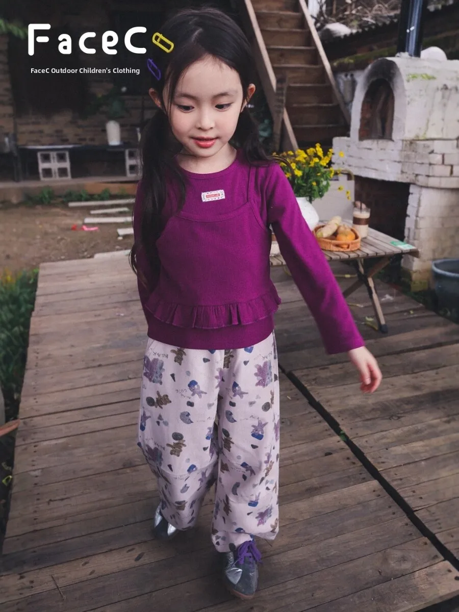 Slim Fit Long Sleeve T-Shirt for Girls Outdoor Spring Autumn Elastic Comfortable Cotton Blend Child Clothing FaceC Brand