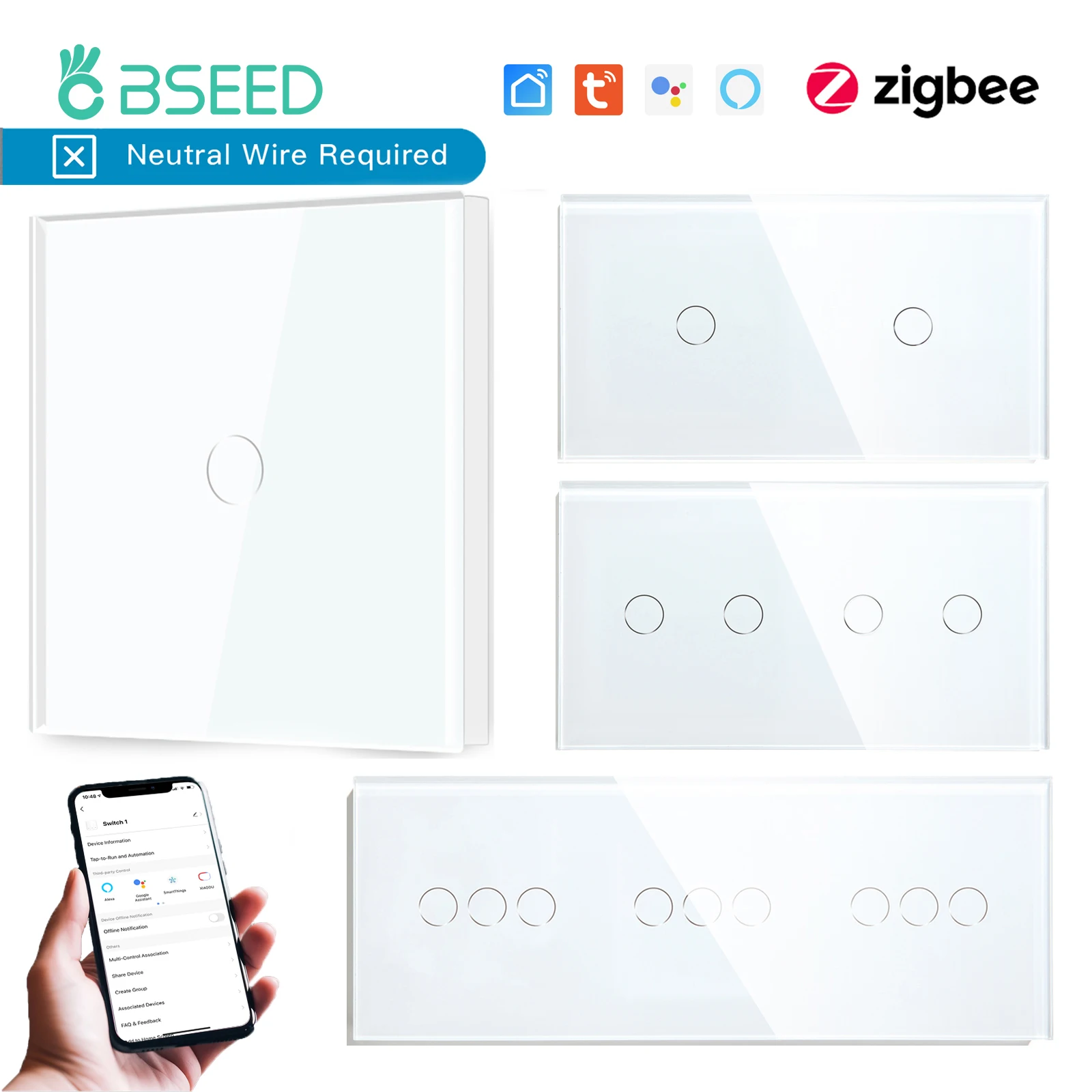 

BSEED Zigbee Wall Switches Smart Touch Screen Light Switch 1/2/3Gang 1/2/3Way Google Alexa Tuya App Control No Neutral Line