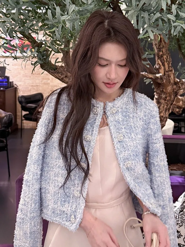 French Style Women Elegant Tweed Jacket Spring O Neck Long Sleeve Pearl Diamond Button Slim Fit Office Ladies Fashion Short Coat