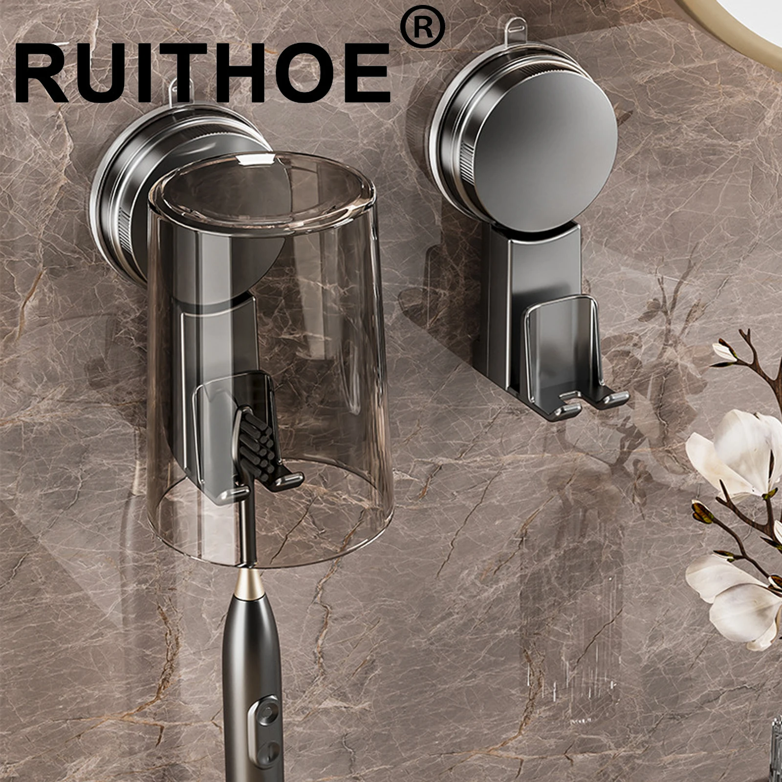 Vacuum Suction Cup Toothbrush Storage Rack Non-Punching Wall-Mounted Toothbrush Holder Dustproof Space Saving Mouthwash Cup Set