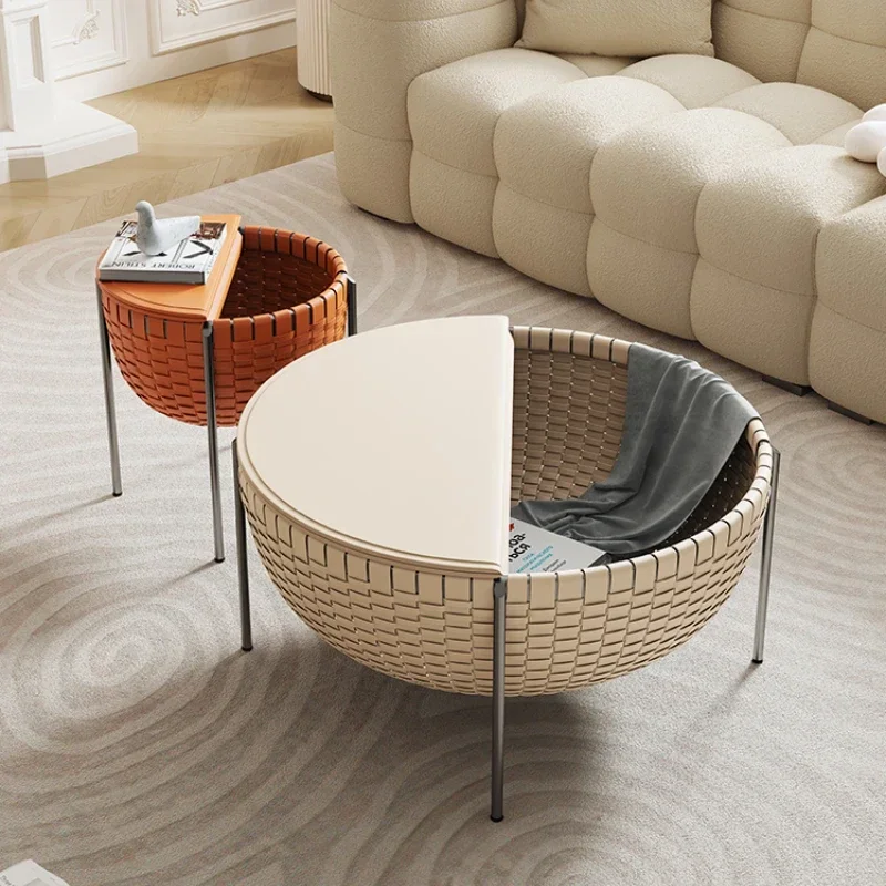 ~Woven Saddle Leather Tea Table with Flip Storage Modern Simple Luxury Side Table Combination