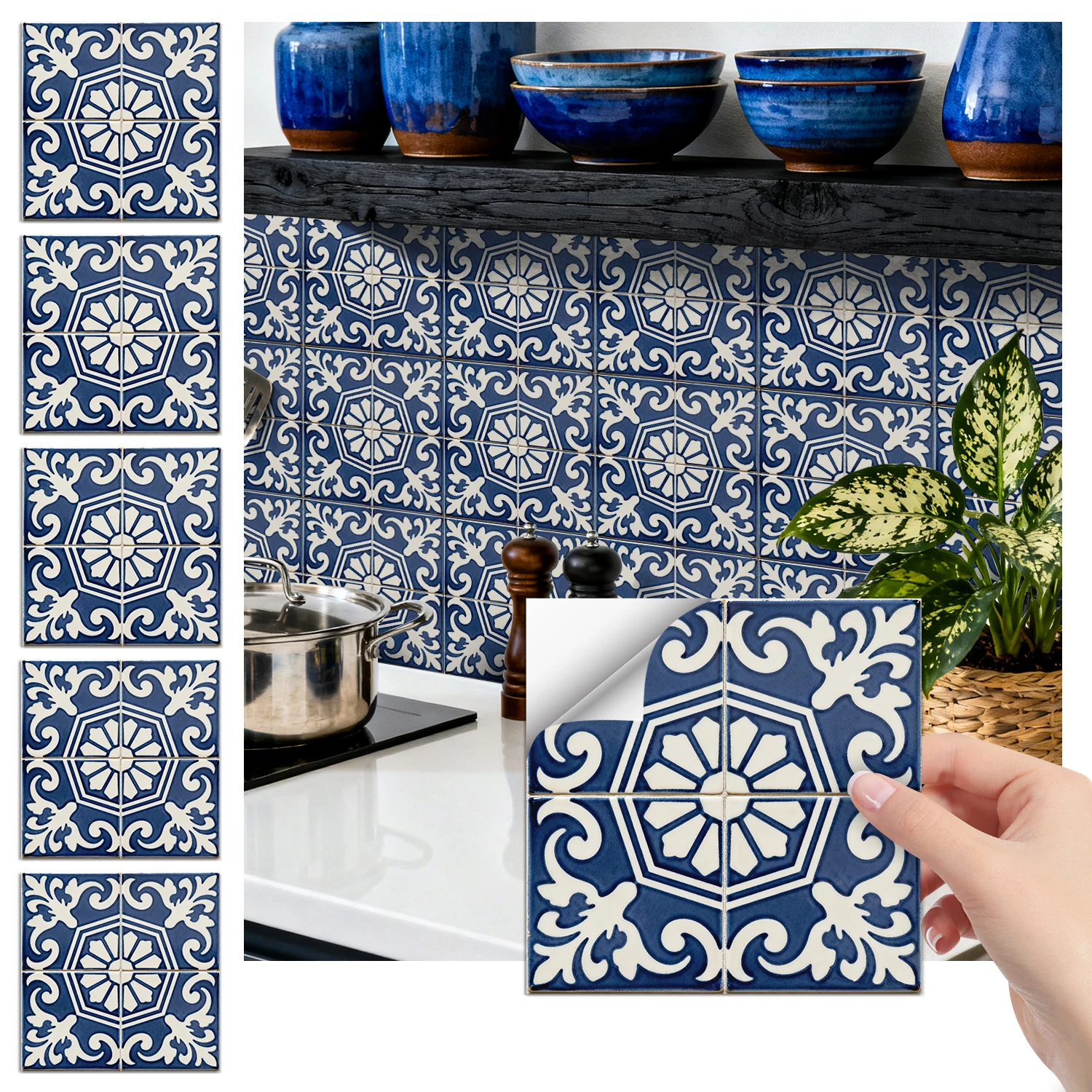 

Blue Vintage Floral Self-Adhesive Wall Stickers HD Matte Tile Decals for Kitchen Bathroom Home Decor 24PCS 10/15/20cm