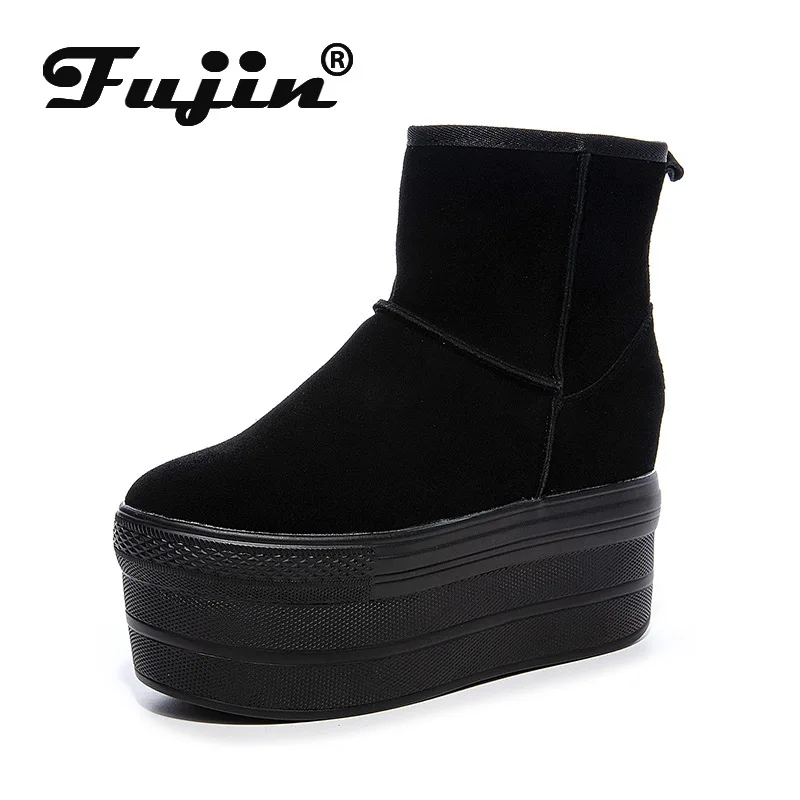 Fujin 12cm Cow Suede Leather Women Ankle Snow Boots Platform Wedge Fur Plush Warm Women Winter Shoes Zipper Hidden Heels Shoes