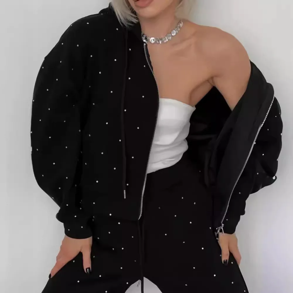 

Casual Hooded Sportswear Two-piece Set For Women Polka Dot Loose Women's Suit 2025 Winter Casual Sweatshirt Jacket Zipper Hoodie