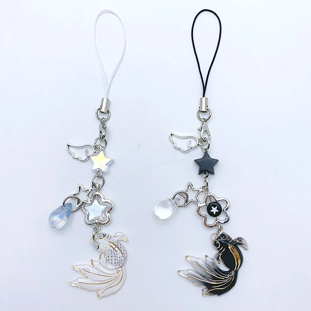 Good Luck Koi Charm Phone Lanyard Beaded Keychain with Crystal Waterdrop Flower Design Anti-Lost Purse Jewelry Gift for Women