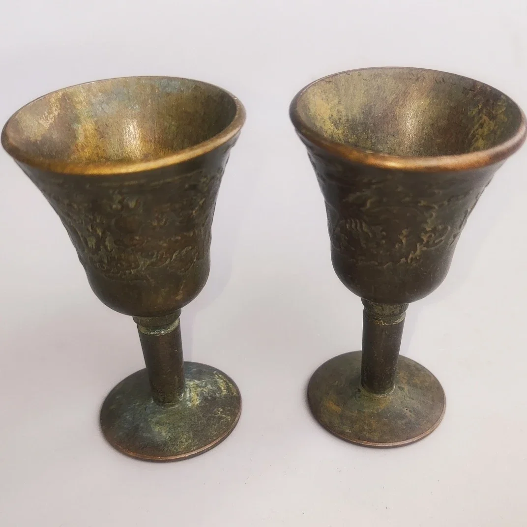 Old Objects Pure Copper Dragon and Phoenix Chengxiang Wine GlassOld  Small Offering Wine Cup Xuanzi Bottom Wine Glass