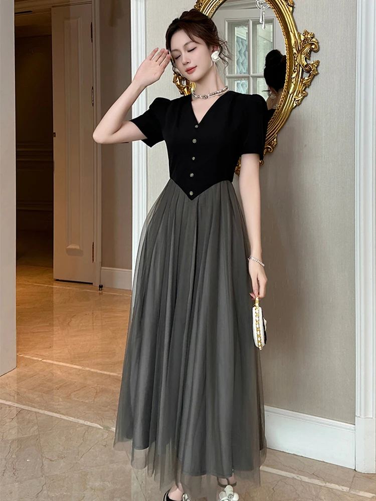 Women's French Elegant Evening Dress for Woman Retro Celebrity Single Breasted Sheer Mesh Swing Robe Female Prom Party Vestidos