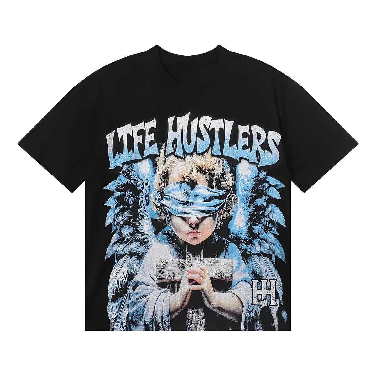 2026 Vintage Blindfold Angel Cross Graphic T-shirt Unisex Chest Bling Glitter Script Wing Portrait Cotton Street Oversized Tee