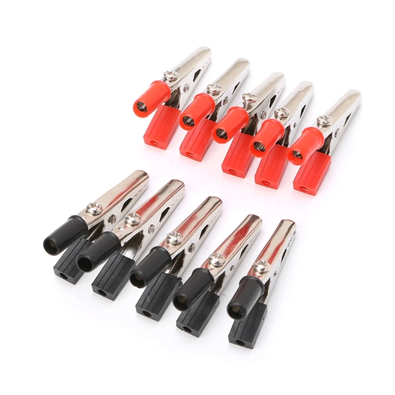 10pcs/lot Insulated Crocodile Clips Plastic Handle Cable Lead Testing Metal Alligator Clips Clamps 52mm Length