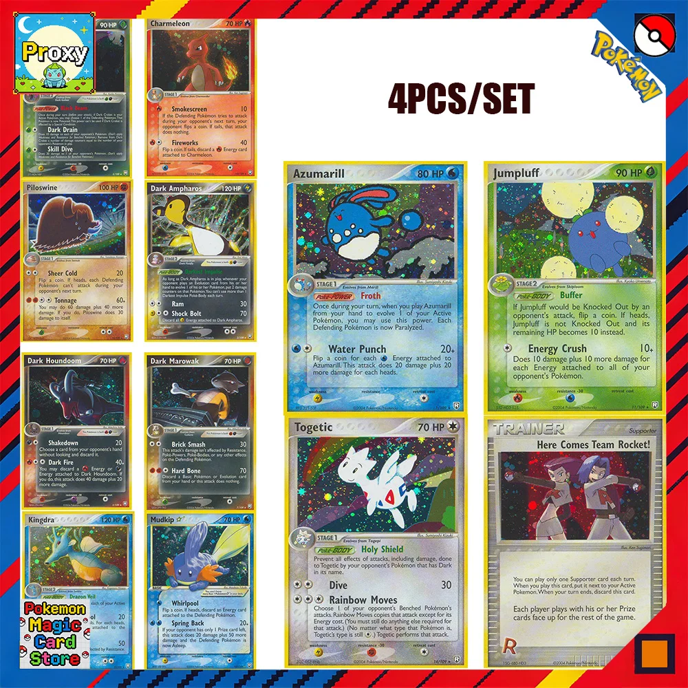 

Коллекционные карты Покемон (4 шт.): Team Rocket Returns, Here Comes Ampharos, Starry Sky Flash Gold, Star Torchic, Treecko, Mudkip, Dark PTCG