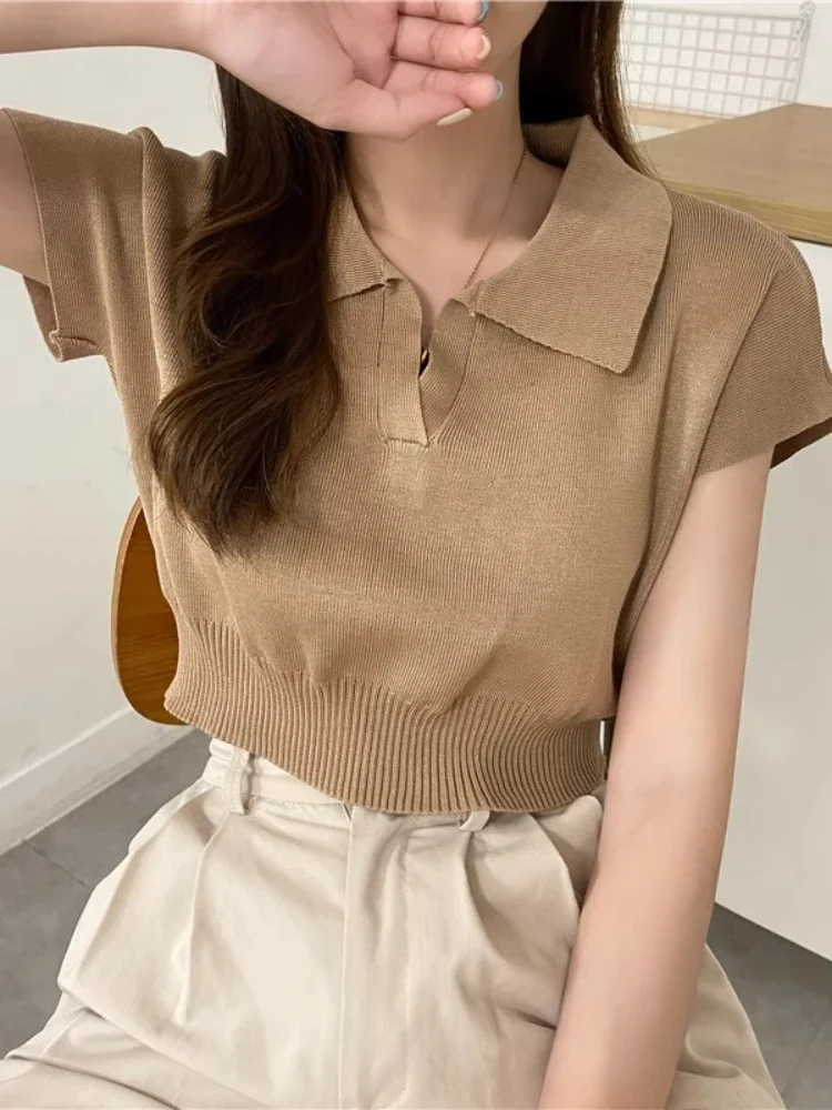 

New 2025 Pattern Collared Sweater Versatile Short Sleeve Knitted Top For Spring & Summer Women's Clothing Crop Top