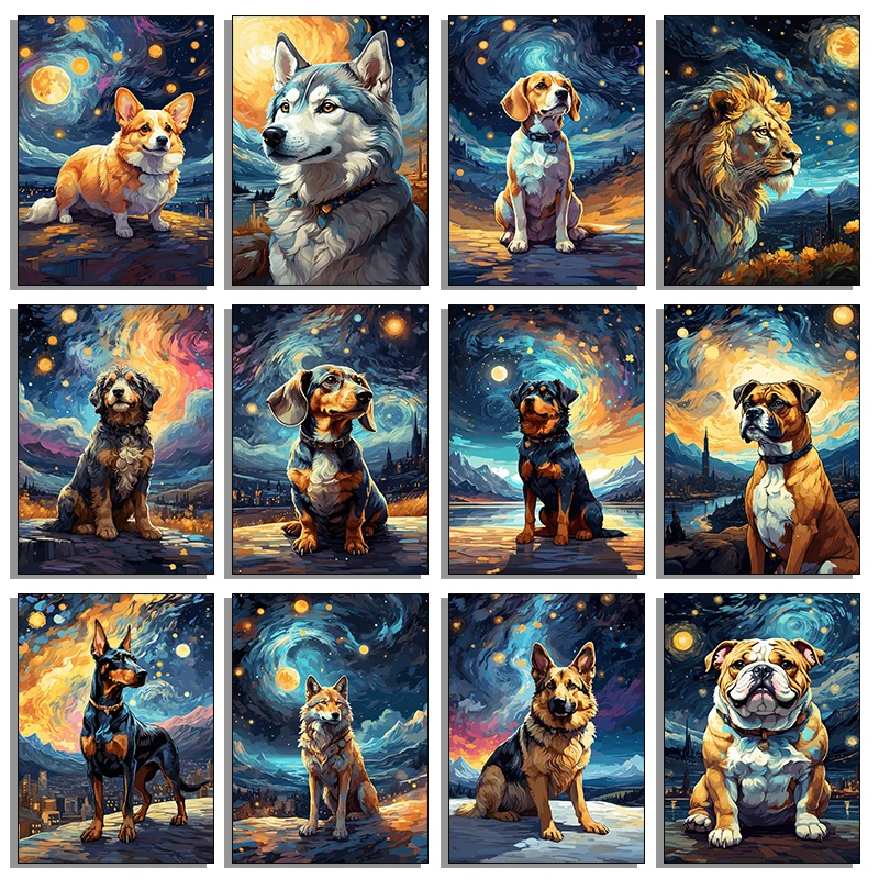 Funny Dogs Starry Night Van Gogh Canvas Painting Abstract Print Dog German Shepherd Bulldog Posters Wall Art Picture Home Dec