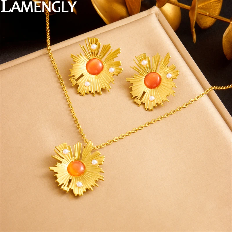 

LAMENGLY 316L Stainless Steel Orange Crystal Irregular Leaves Pendant Necklace Earrings For Women Elegant Girl Jewelry Set Gifts