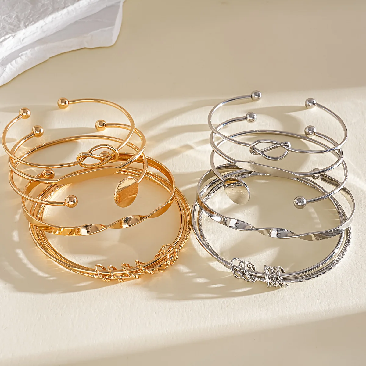 DOO MEI 5pcs Exaggerated Geometric Cuff Bracelet Set Women's Fashion Smooth Asymmetrical Knot Thin Bangles Daily Wear Jewelry
