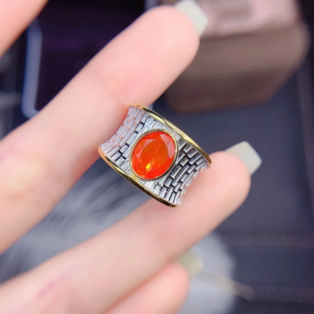 Luxurious Mexico Rare Orange Fire Opal Women Man Ring Two Tone Plated 925 Sterling Engagment Promise Ring For Gift