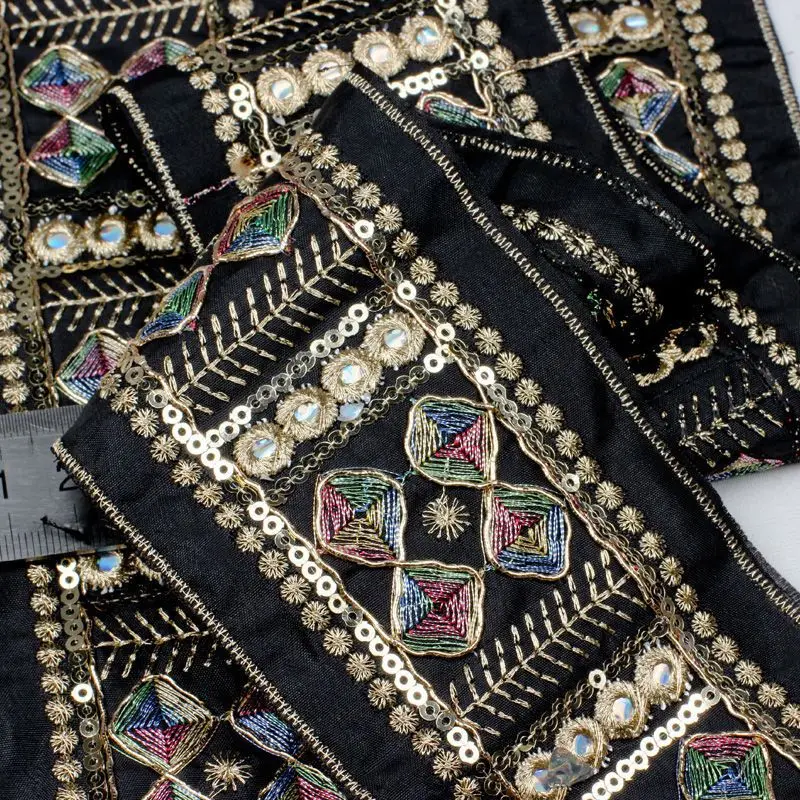 

30Yds Black Ethnic Lace Vintage Gold Strands Embroidery Sequins Webbing Clothing Decoration Barcode Accessories
