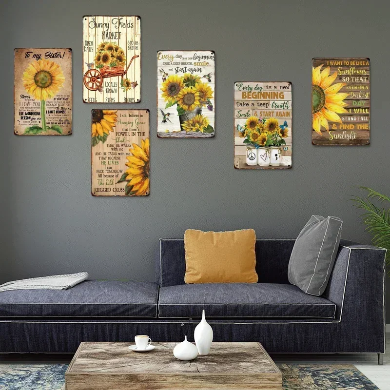 1pc Vintage Sunflower Metal Poster Sign Plaque Tin Painter Residence Garden Patio Plaque Modern Wall Art Decor 8x12 inch