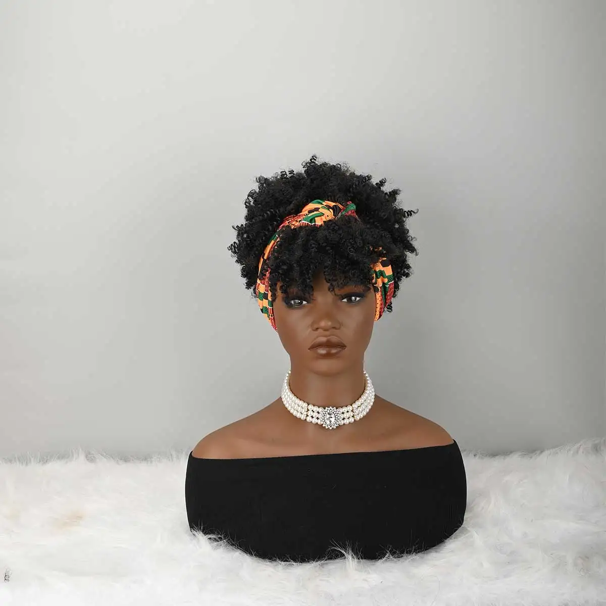 Headband Wig Curly Headband Wig With Bangs For Women Synthetic Afro Curly Hair Wig With Headband Attached Short Kinky