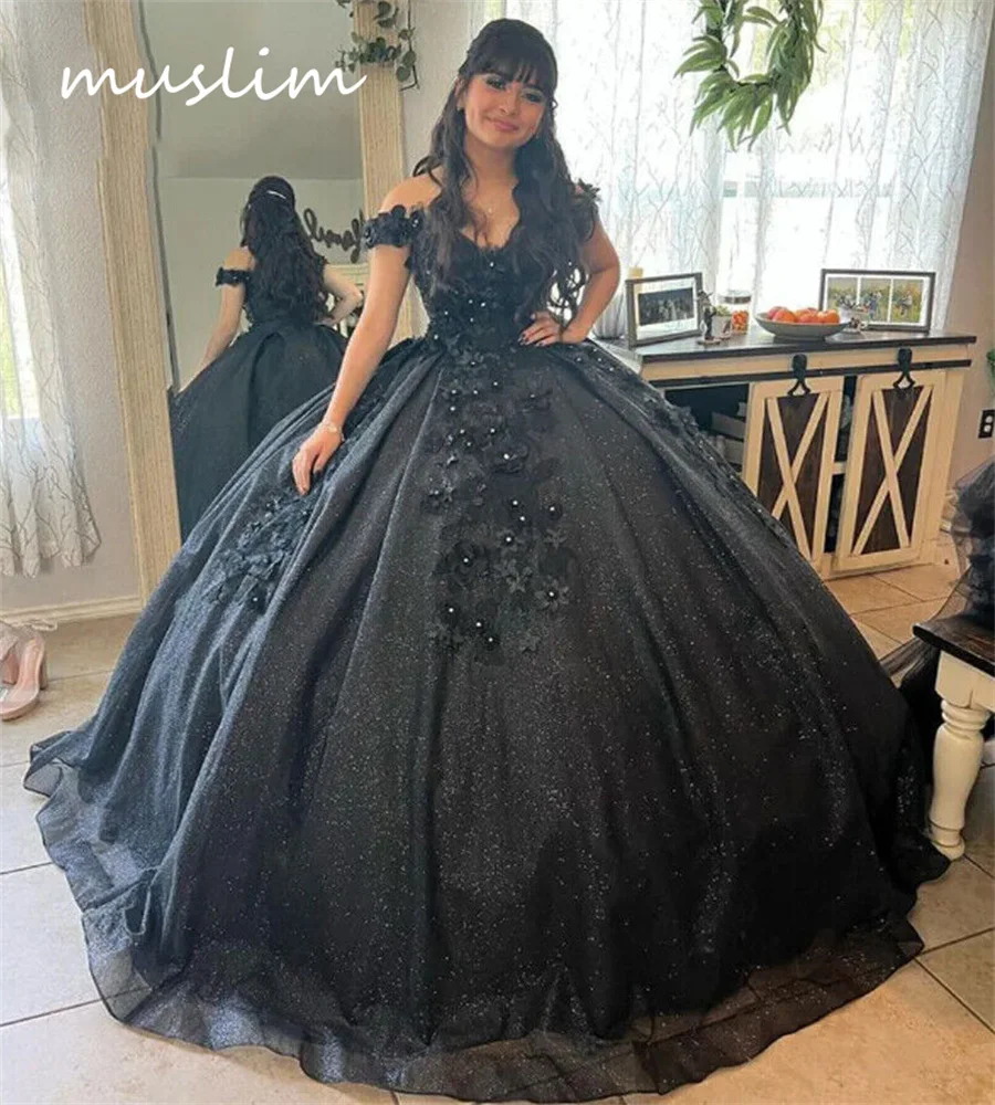 Vintage Black Quinceanera Dresses With 3D Florlas Elegant Off Shoulders Lace Up Mexican Vestidos De xv Años Birthday Customized