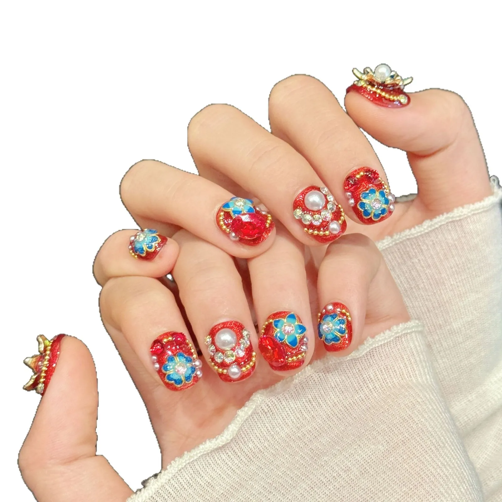 10pcs Red Makeup and Blue Rhyme Handmade Nails Pearl and Diamond Jewelry Press on Nail Short Oval False Nail for Women&Girl